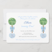 クラシックブルー&ホワイトリトルボーイ1st誕生日パーティー 招待状 (正面)