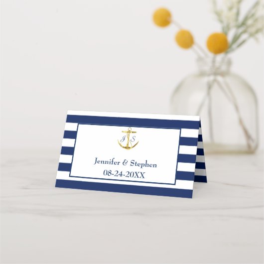 クラシックブ航海のルストライプ金ゴールドいかり結婚ズ プレイスカード (裏面)