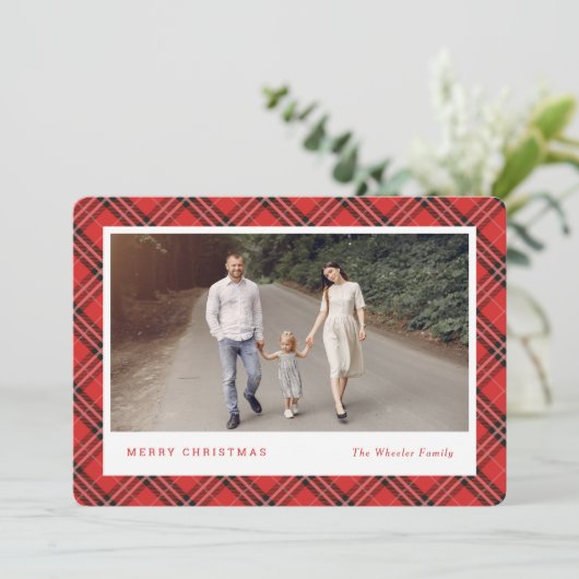 クラシックプレイド編集可能カラーホリデーフォトカード シーズンカード (スタンド正面)