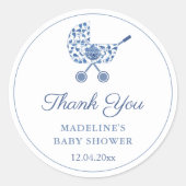 クラシックベビーカー青い白の赤ちゃんシャワーの好意 ラウンドシール (正面)