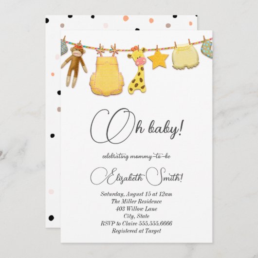 クラシックベビー男女兼用とドット赤ちゃんシャワー 招待状 (正面/裏面)