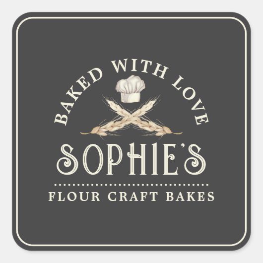 クラシックベーカーのロゴパティシシェフブラックプロダクトラベル スクエアシール (正面)