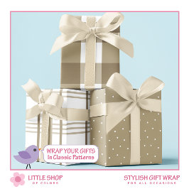 クラシックベージュとホワイトバッファローチェック ラッピングペーパーシート