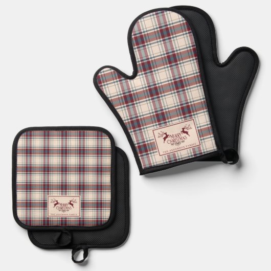 クラシックベージュと焼き赤バッファロープレイドクリスマス 鍋つかみ&鍋敷きセット (正面/裏面)