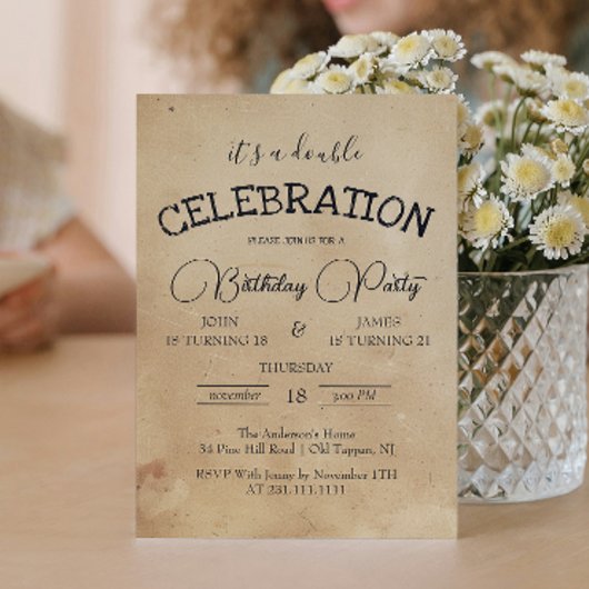 クラシックベージュダブルバースデーパーティー 招待状