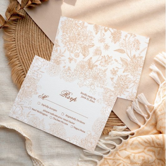 クラシックベージュフラワースクリプト 結婚式RSVP 出欠カード