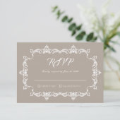 クラシックベージュリネン茶色の華やかなフレームの結婚式 出欠カード (スタンド正面)
