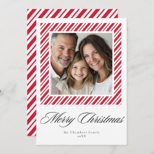 クラシックペパーミントストライプフレームクリスマスカード シーズンカード (正面/裏面)