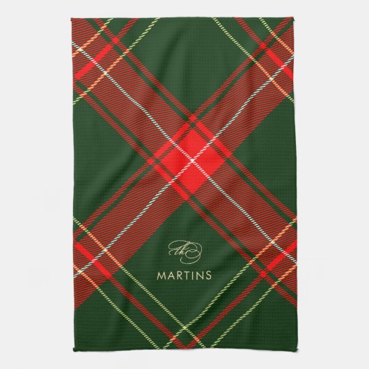 クラシックホリデイプレイドファミリー名クリスマス キッチンタオル (縦)