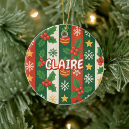クラシックホリデイレッドグリーンストライプ星スタースノーフレーク セラミックオーナメント