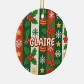 クラシックホリデイレッドグリーンストライプ星スタースノーフレーク セラミックオーナメント (右)