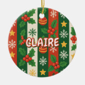 クラシックホリデイレッドグリーンストライプ星スタースノーフレーク セラミックオーナメント (正面)