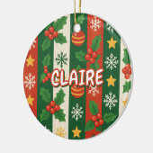 クラシックホリデイレッドグリーンストライプ星スタースノーフレーク セラミックオーナメント (左)