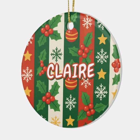 クラシックホリデイレッドグリーンストライプ星スタースノーフレーク セラミックオーナメント (左)