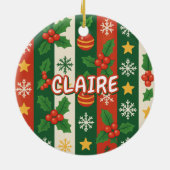 クラシックホリデイレッドグリーンストライプ星スタースノーフレーク セラミックオーナメント (裏面)