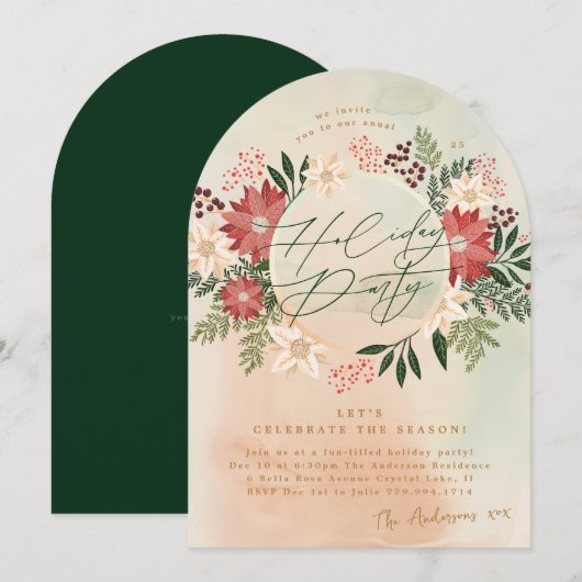 クラシックホリデーパーティポインセチアリースアーチ 招待状 (正面/裏面)