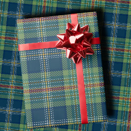 クラシックホリデープレイドのスタイリッシュな緑とネイビーのクリスマス ラッピングペーパー
