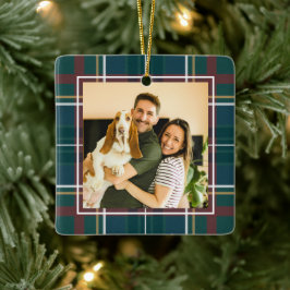 クラシックホリデープレイド1枚の写真グリーンクリスマス セラミックオーナメント