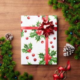 クラシックホリデーホリーツリー離れベリーパターン ラッピングペーパー