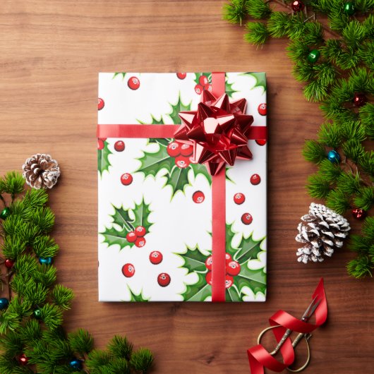 クラシックホリデーホリーツリー離れベリーパターン ラッピングペーパー (クリスマスギフト)