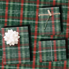クラシックホリデー レッド＆グリーン・タータンチェックのクリスマス ラッピングペーパーシート