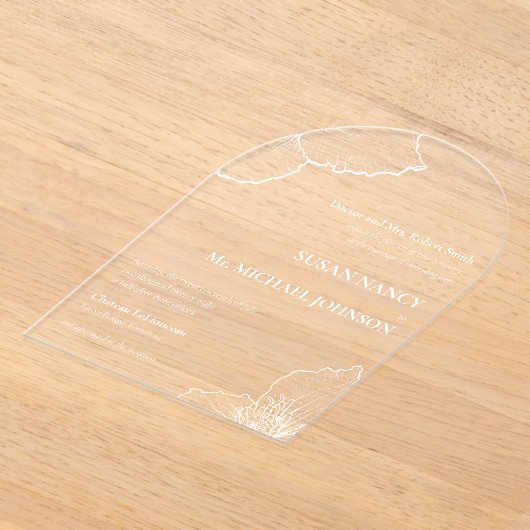 クラシックホワイトクレマフォーマルティス結婚ラインア🥂 アクリル招待状 (レイダウン)