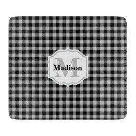 クラシックホワイトブラックグレーバッファロープレイドモノグラム カッティングボード