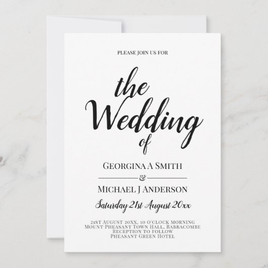 クラシックホワイトブラックタイポグラフィ結婚式招待状 招待状 (正面)