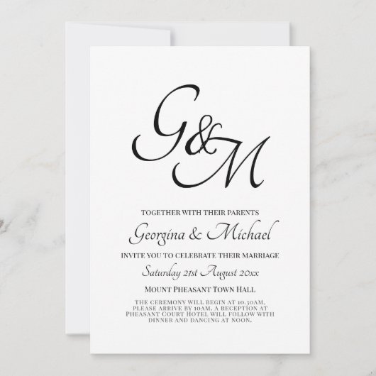 クラシックホワイトブラックモノグラム結婚式招待状 招待状 (正面)