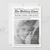 クラシックホワイトブラック新聞写真結婚式 招待状 (正面)