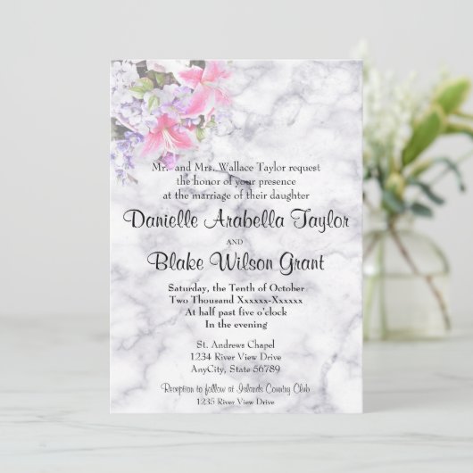 クラシックホワイトマーブルピンクリー伝統的リズ結婚ス 招待状 (スタンド正面)