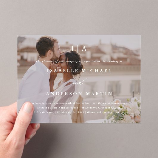 クラシックホワイトモノグラムカリグラフィー フォトウェディング アクリル招待状 (インサイチュ (ポータブル))