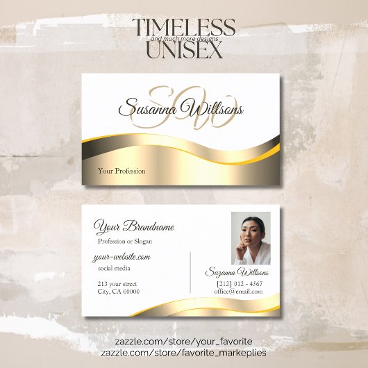 クラシックホワイト波状金ゴールドデコールとイニシャル写真 名刺