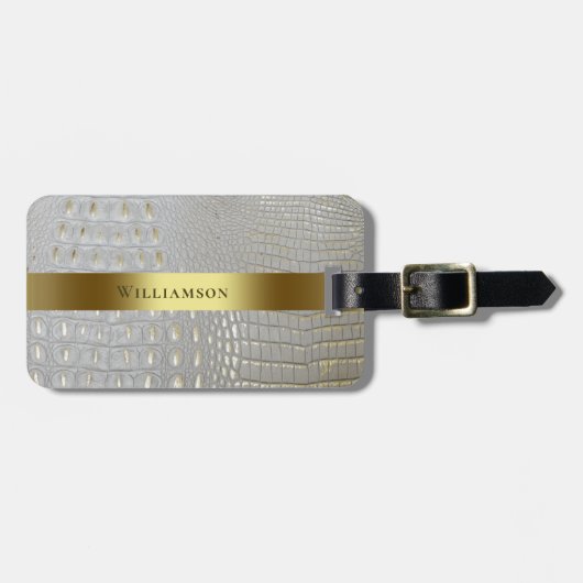 クラシックホワイト爬虫類デジタルレザー金ゴールド金属 ラゲッジタグ (正面横)