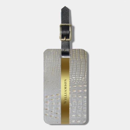 クラシックホワイト爬虫類デジタルレザー金ゴールド金属 ラゲッジタグ (正面縦)