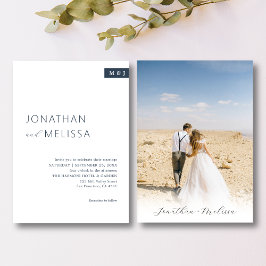 クラシックホワイト&ネイビーブルーモノグラムスクリプ結婚ト 招待状