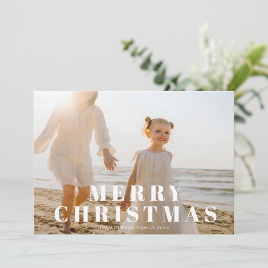 クラシックホワイト・メリークリスマスタイポグラフィ写真 シーズンカード (スタンド正面)