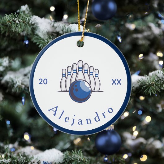 クラシックボウリングデザイン ピン&ボール 名前&年 セラミックオーナメント