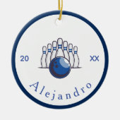 クラシックボウリングデザイン ピン&ボール 名前&年 セラミックオーナメント (正面)