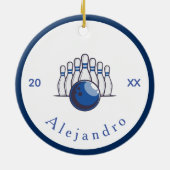 クラシックボウリングデザイン ピン&ボール 名前&年 セラミックオーナメント (裏面)