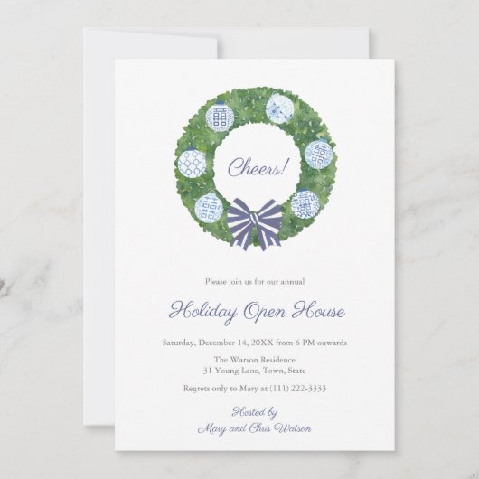 クラシックボクウッドブルーホワイトクリスマスホリデーパーティー 招待状 (正面)