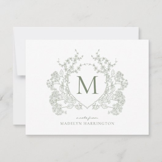 クラシックボタニカルセージ緑フローラクレストモノグラム ノートカード (正面)