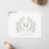 クラシックボタニカルセージ緑フローラクレストモノグラム ノートカード (正面/裏面インサイチュ)