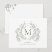 クラシックボタニカルセージ緑フローラクレストモノグラム ノートカード (正面/裏面)