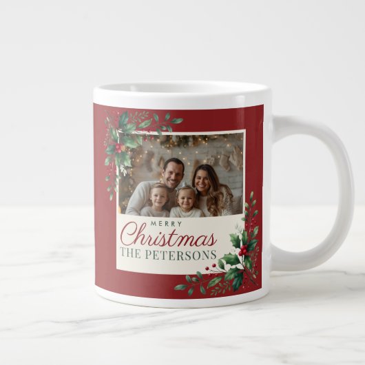 クラシックボタニカルレッドのカスタムフォトクリスマス ジャンボコーヒーマグカップ (右)