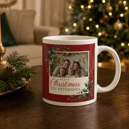 クラシックボタニカルレッドのカスタムフォトクリスマス ジャンボコーヒーマグカップ