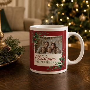 クラシックボタニカルレッドのカスタムフォトクリスマス ジャンボコーヒーマグカップ