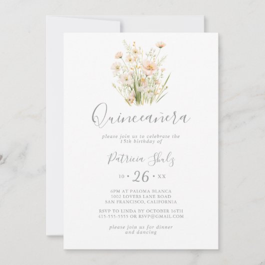 クラシックボホ赤面ワイルドフラワーキンセニェラ 招待状 (正面)