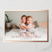 クラシックボーダー フォト クリスマス ローズゴールド ホイル カード (正面)