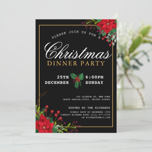 クラシックポインセチアフローラクリスマスディナーパーティー 招待状 (スタンド正面)
